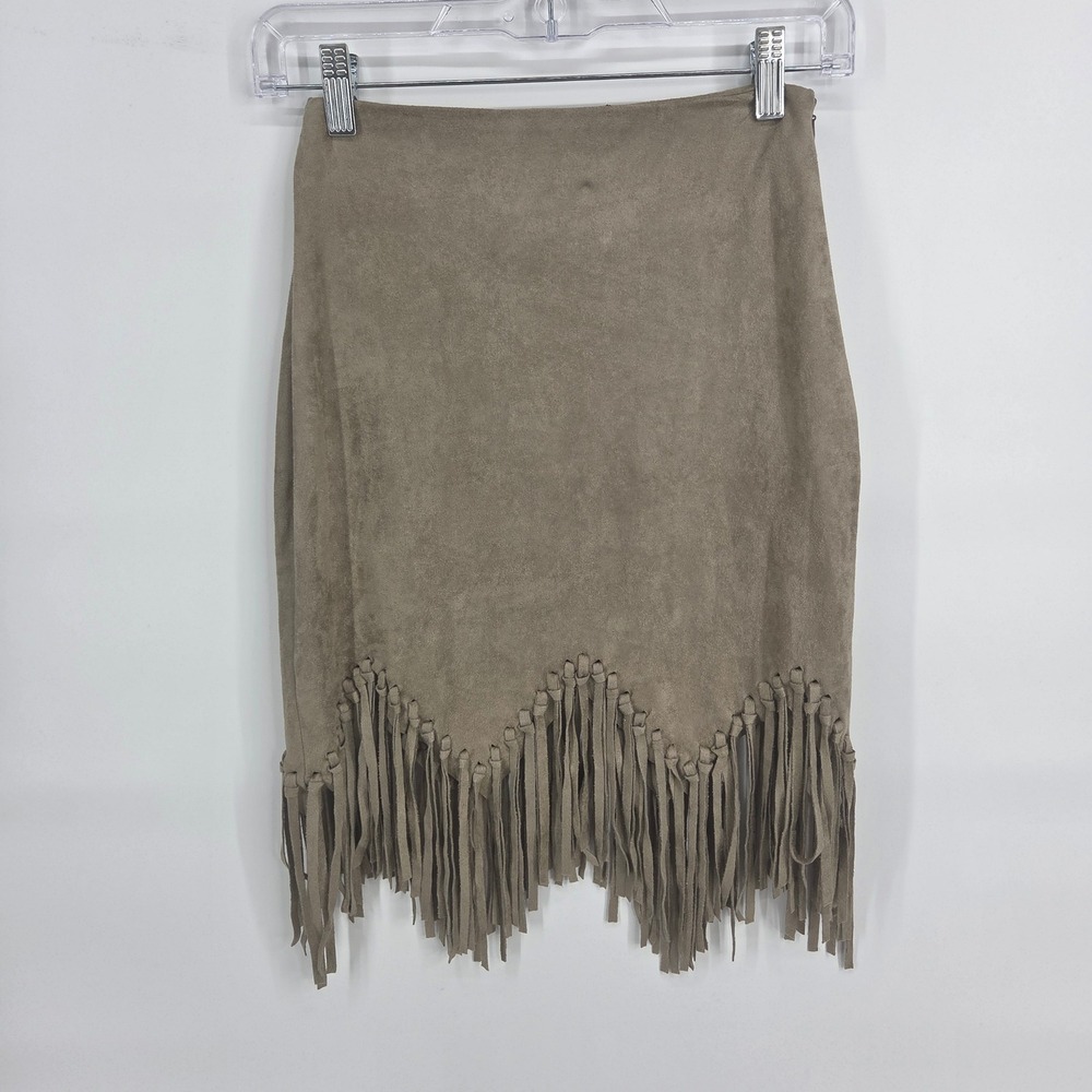 Lulus Faux Suede Fringe Skirt XS Taupe Western Boho Eclectic Festival